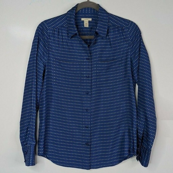 J. Crew Tops - J Crew 0 Blythe 100% Silk Button Up Blue Polka Dot Career Shirt Blouse